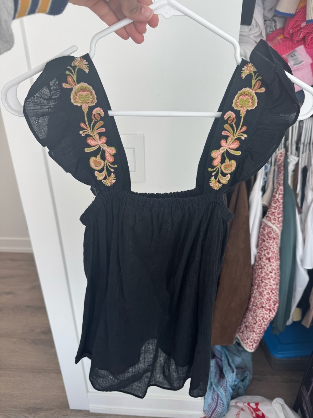 Madewell Black Camisole with Pink & Green Floral Embroidery